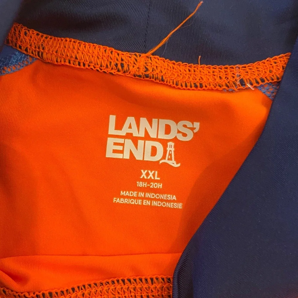 Lands End Mens XXL Orange Blue‎ Short Sleeve Rash Guard Swim Shirt Mock Neck